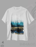 تیشرت سفید طرح دار انعکاس های آبی با طلایی اثر آلی کوربین | immage.ir