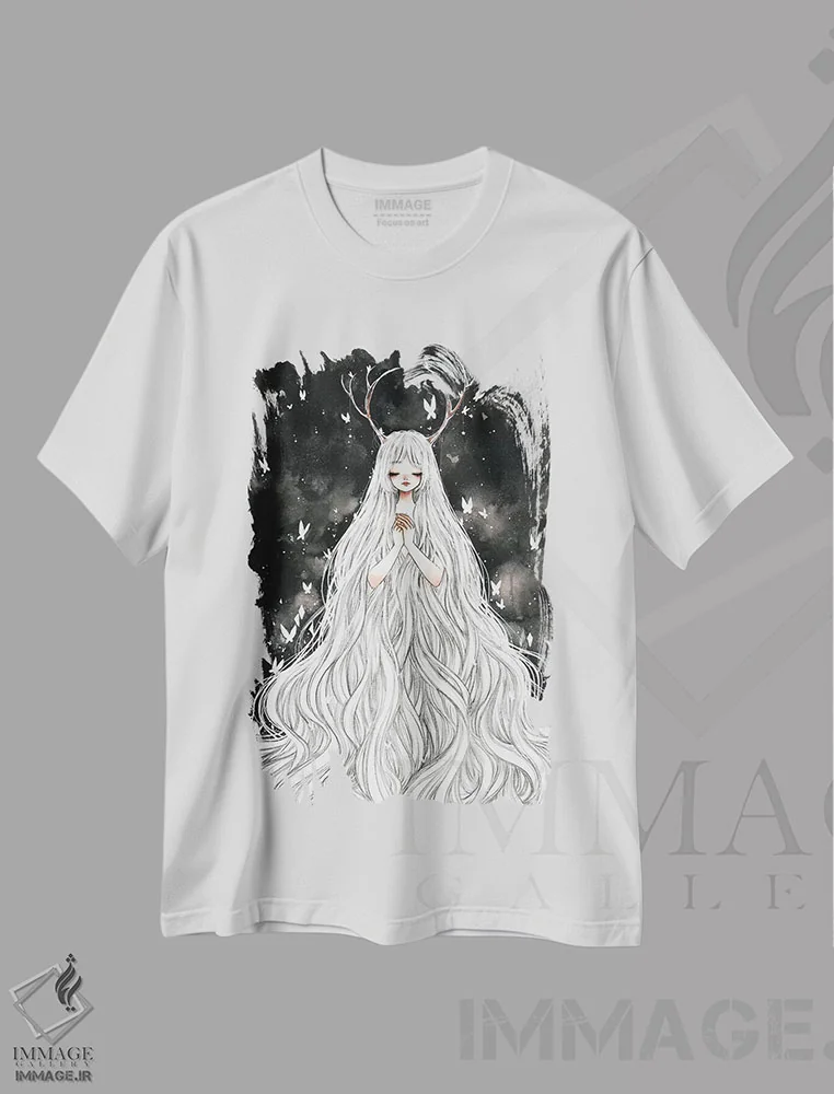 تیشرت سفید طرح دار تاریک، انیمه اثر چریوکی | immage.ir