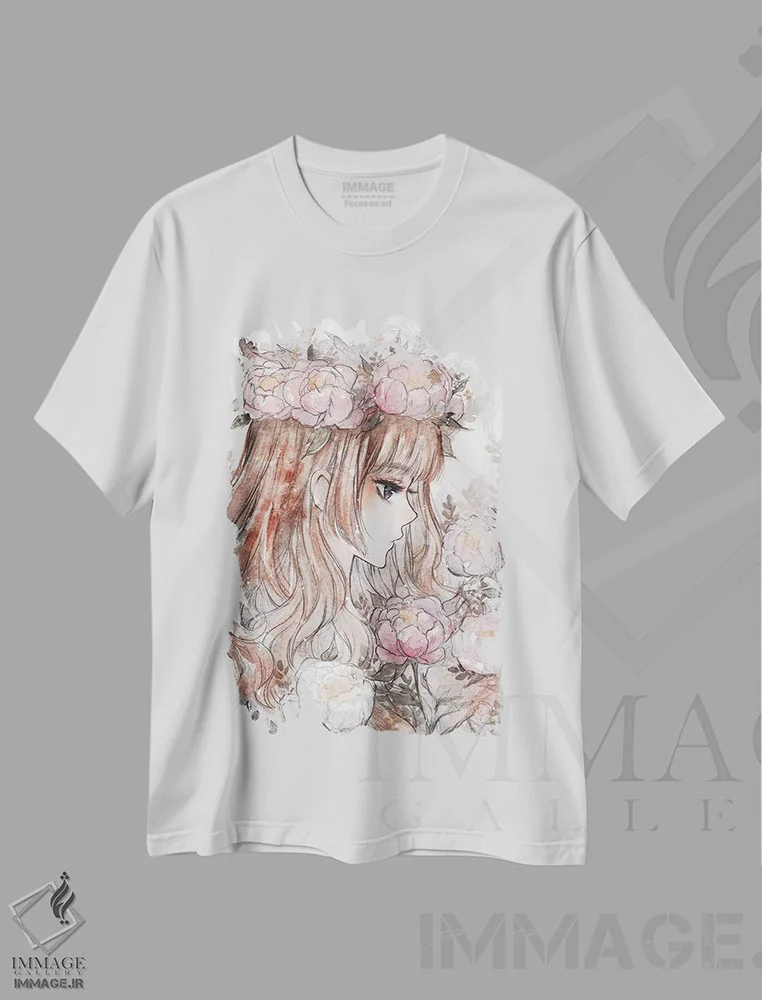 تیشرت سفید طرح دار پئونی، انیمه اثر چریوکی | immage.ir