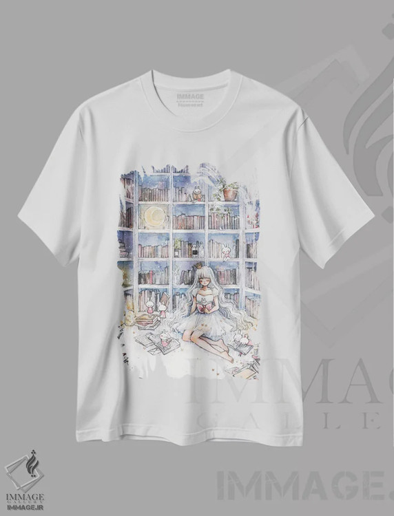 تیشرت سفید طرح دار کتابخانه، انیمه اثر چریوکی | فروشگاه ایماژ