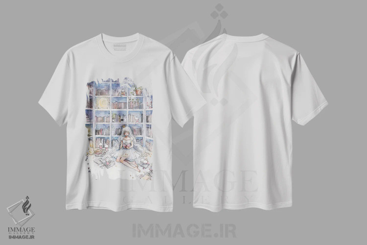 تیشرت سفید طرح دار کتابخانه، انیمه اثر چریوکی | فروشگاه ایماژ