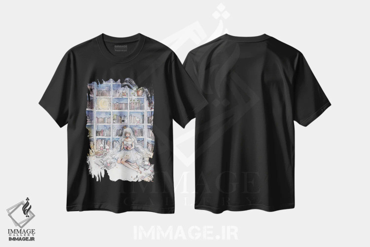 تیشرت مشکی طرح دار کتابخانه، انیمه اثر چریوکی | immage.ir