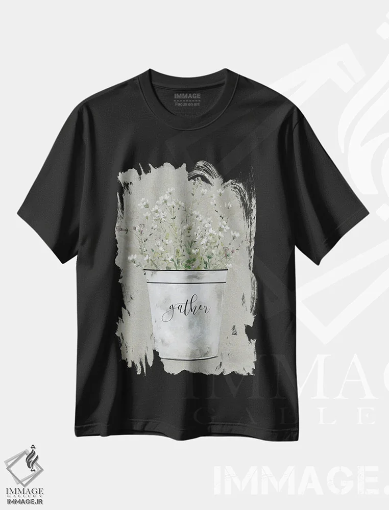 تیشرت مشکی طرح دار دسته گل بخشش سطل؛ جمع آوری، دکور روستایی اثر کارول رابینسون | فروشگاه ایماژ