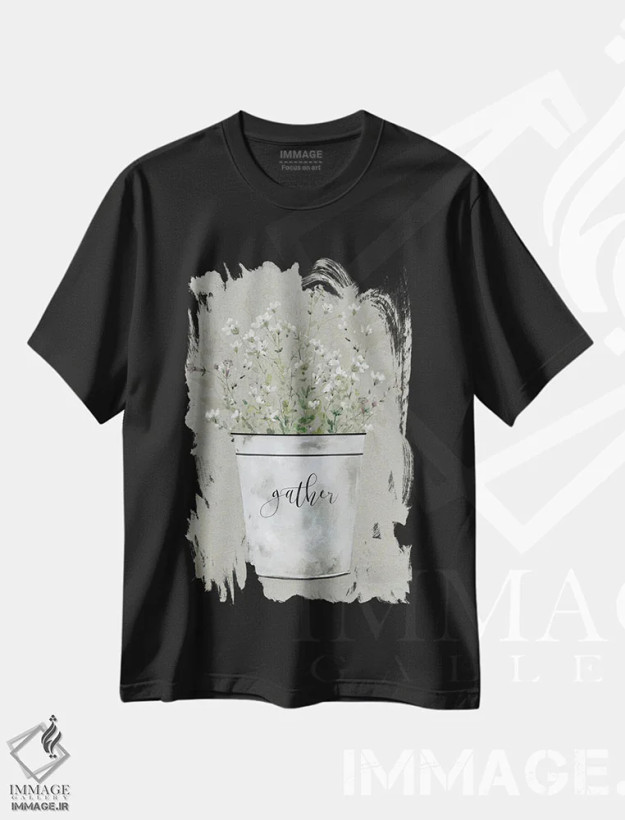 تیشرت مشکی طرح دار دسته گل بخشش سطل؛ جمع آوری، دکور روستایی اثر کارول رابینسون | فروشگاه ایماژ