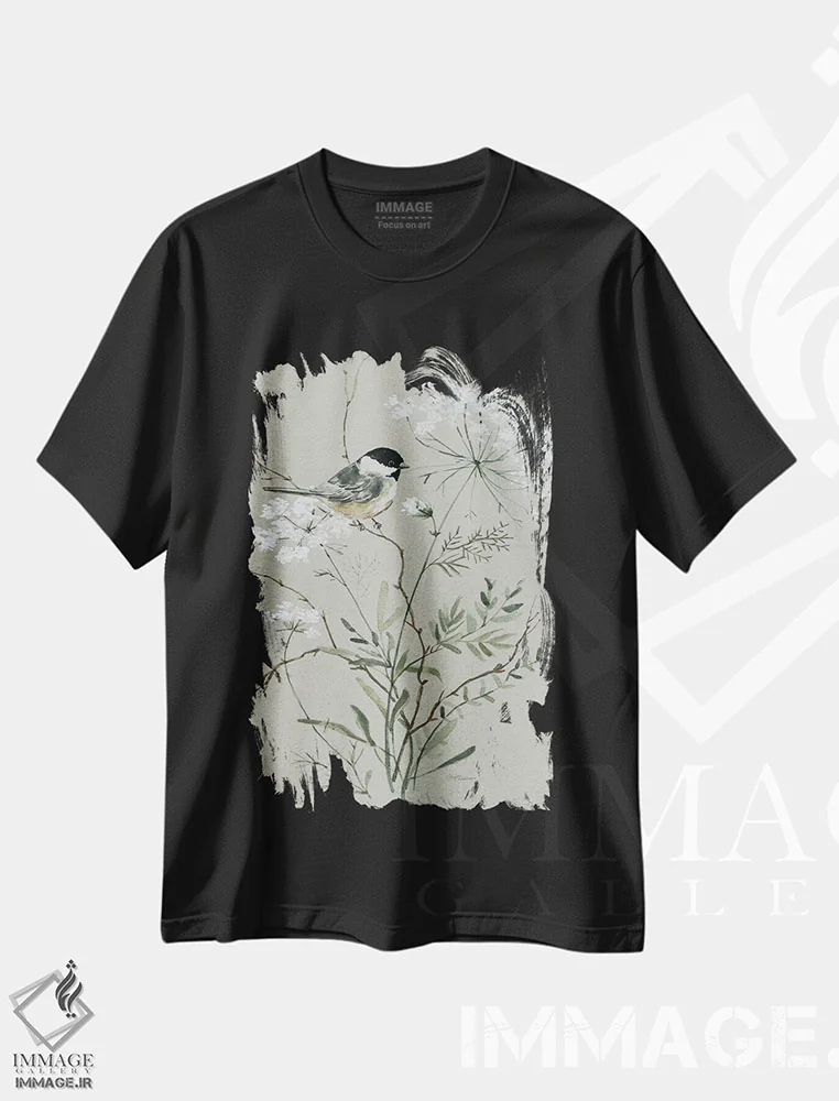 تیشرت مشکی طرح دار دسته گل بخشش و پرنده I، دکور روستایی اثر کارول رابینسون | immage.ir
