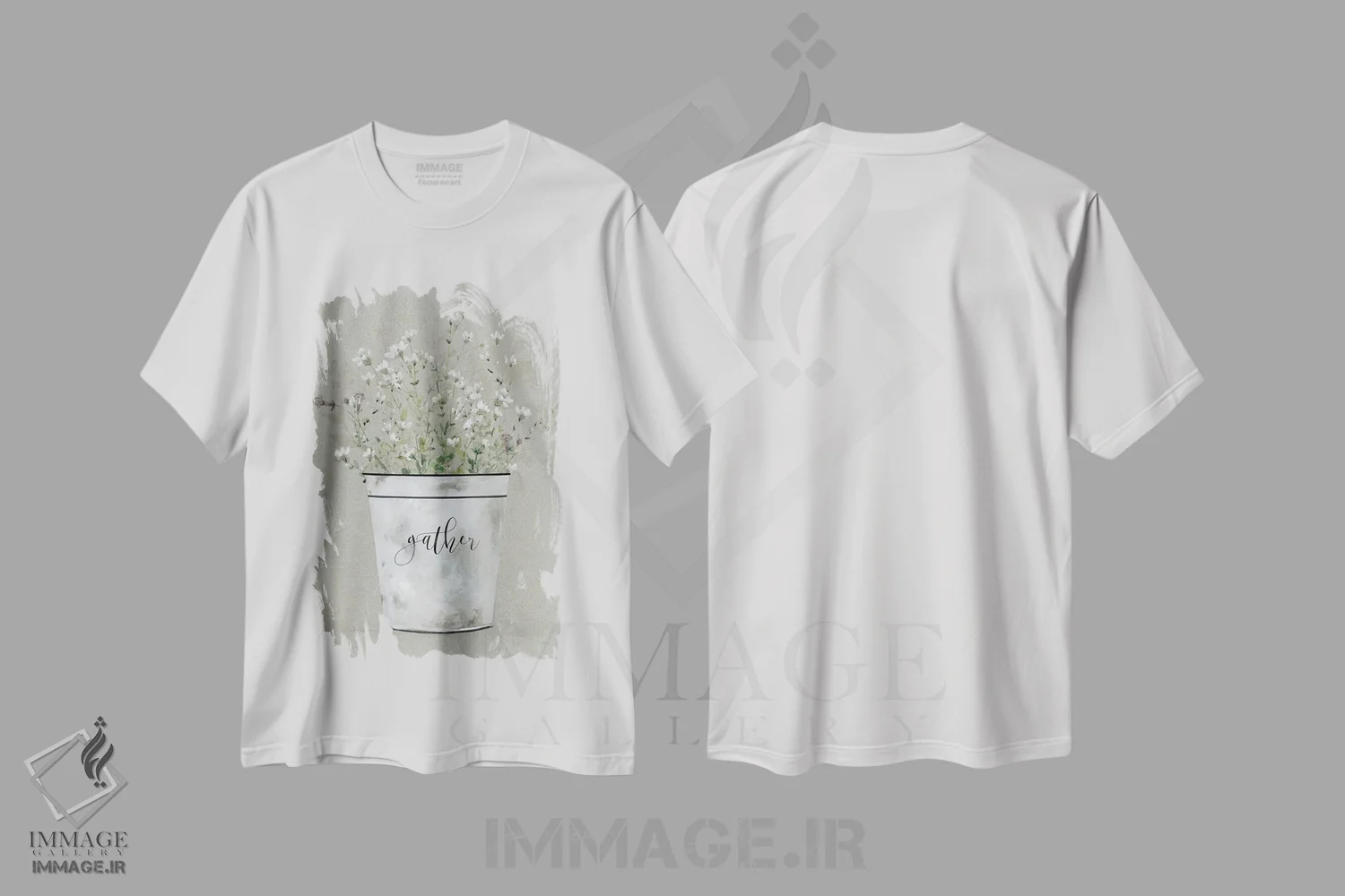 تیشرت سفید طرح دار دسته گل بخشش سطل؛ جمع آوری، دکور روستایی اثر کارول رابینسون | immage.ir