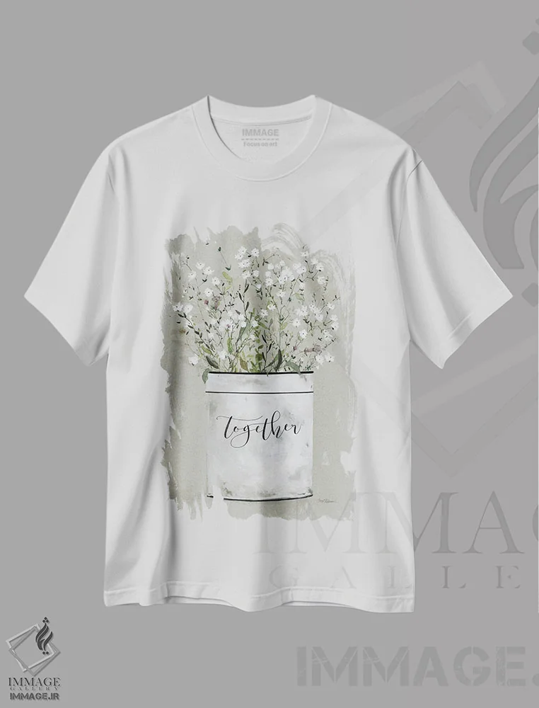 تیشرت سفید طرح دار دسته گل بخشش سطل؛ با هم، دکور روستایی اثر کارول رابینسون | فروشگاه ایماژ