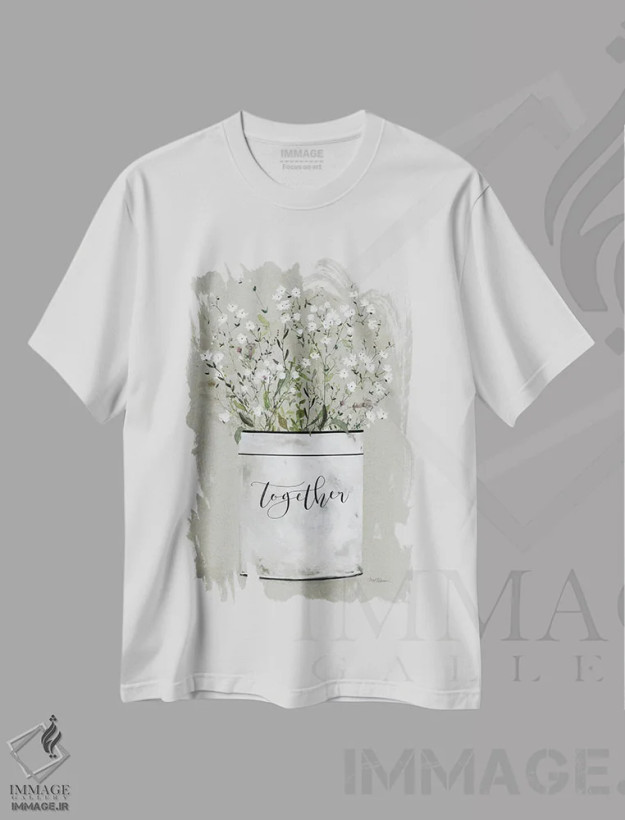 تیشرت سفید طرح دار دسته گل بخشش سطل؛ با هم، دکور روستایی اثر کارول رابینسون | فروشگاه ایماژ
