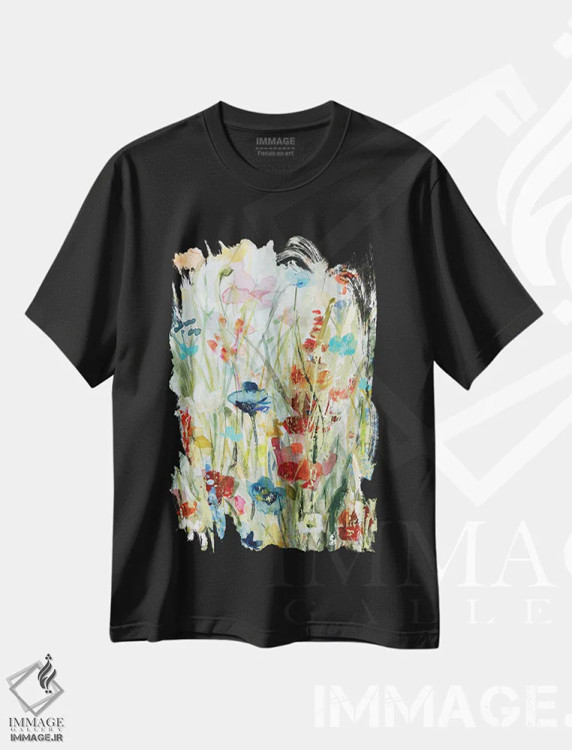 تیشرت مشکی طرح دار ضربه پررنگ طبیعت، آبستره اثر کارول رابینسون | immage.ir