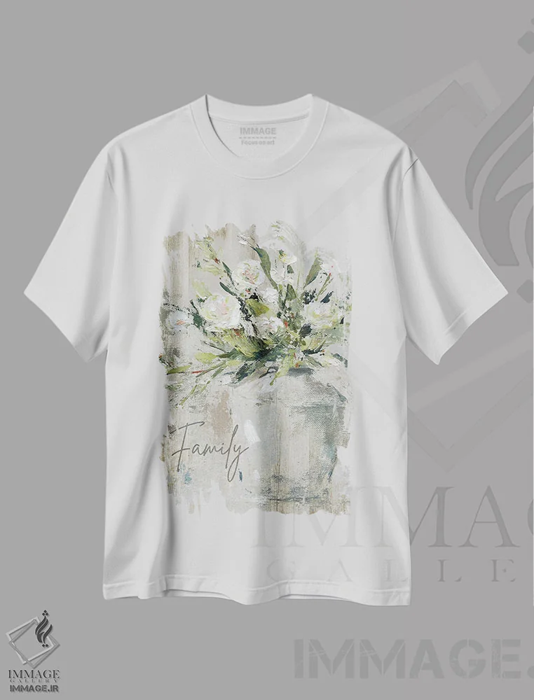 تیشرت سفید طرح دار دسته گل روستایی و خانواده، آبستره اثر کارول رابینسون | immage.ir