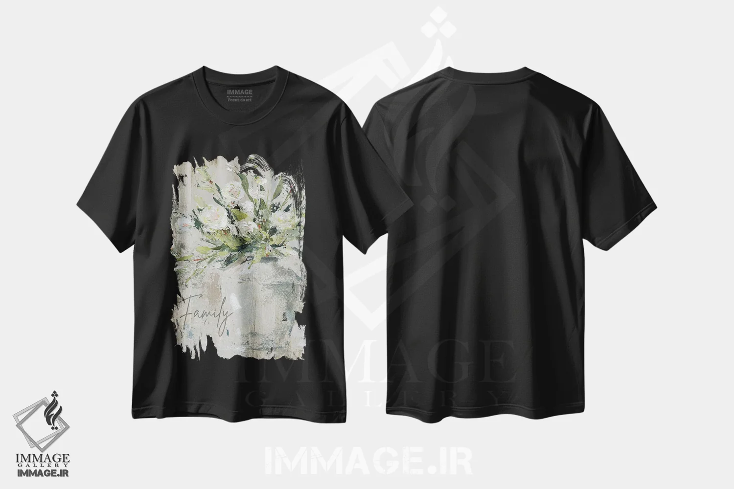 تیشرت مشکی طرح دار دسته گل روستایی و خانواده، آبستره اثر کارول رابینسون | فروشگاه ایماژ