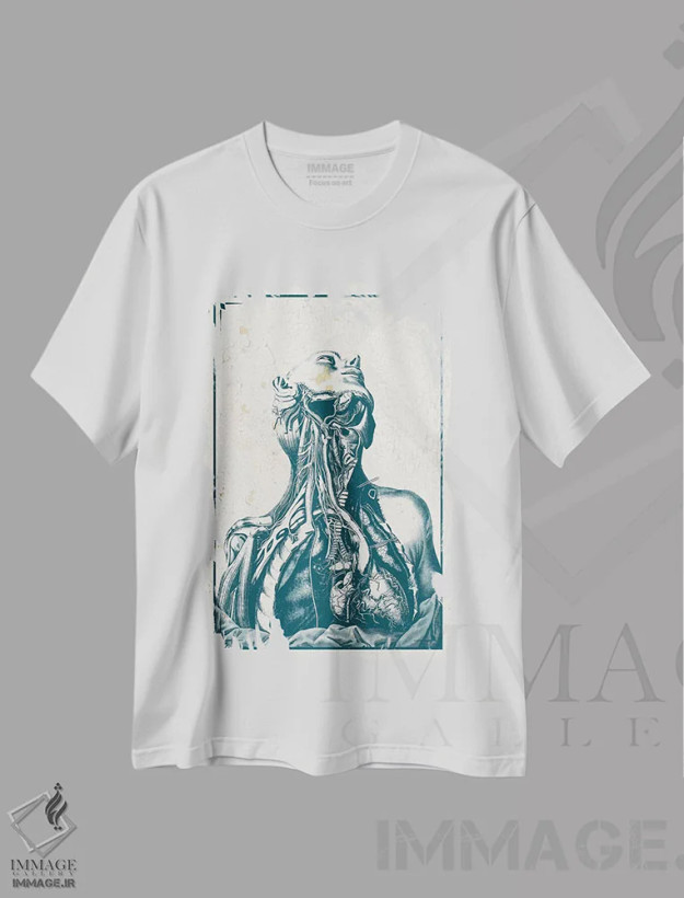تیشرت سفید طرح دار کالبدشکافی قفسه سینه و گردن، تزئینی اثر چارت اسمارت دکور | فروشگاه ایماژ