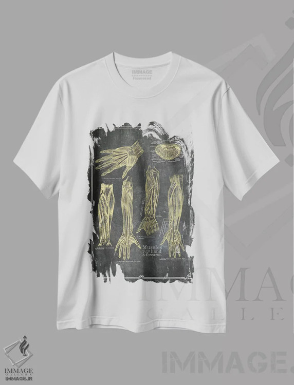 تیشرت سفید طرح دار عضلات بازو و دست با گچ زرد، تزئینی اثر چارت اسمارت دکور | فروشگاه ایماژ