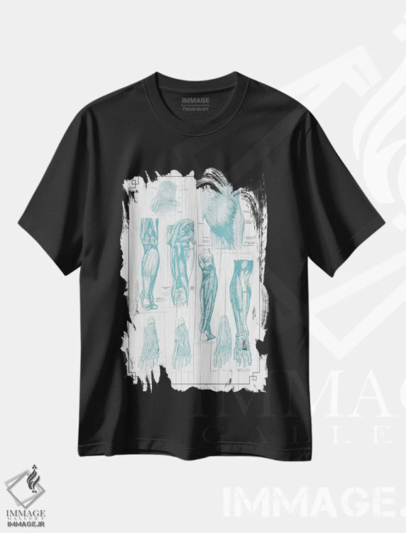 تیشرت مشکی طرح دار آناتومی باسن، پا و کف پا، تزئینی اثر چارت اسمارت دکور | فروشگاه ایماژ