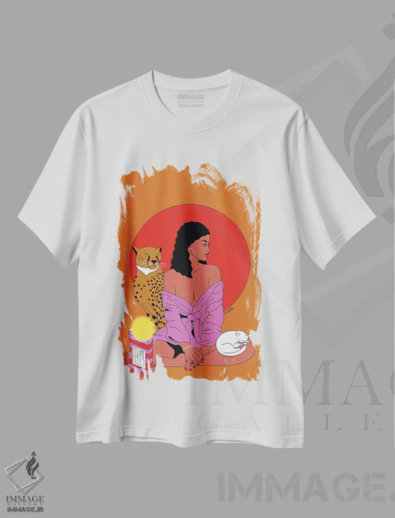 تیشرت سفید طرح دار احساسات گربه ای، هنر آمریکایی آفریقایی تبار اثر کازمو | فروشگاه ایماژ