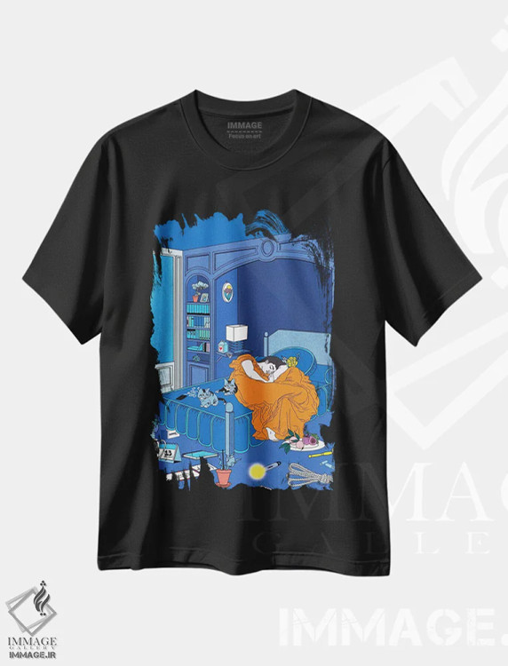 تیشرت مشکی طرح دار ژوئن شعله ور، هنر دیجیتال اثر کازمو | فروشگاه ایماژ