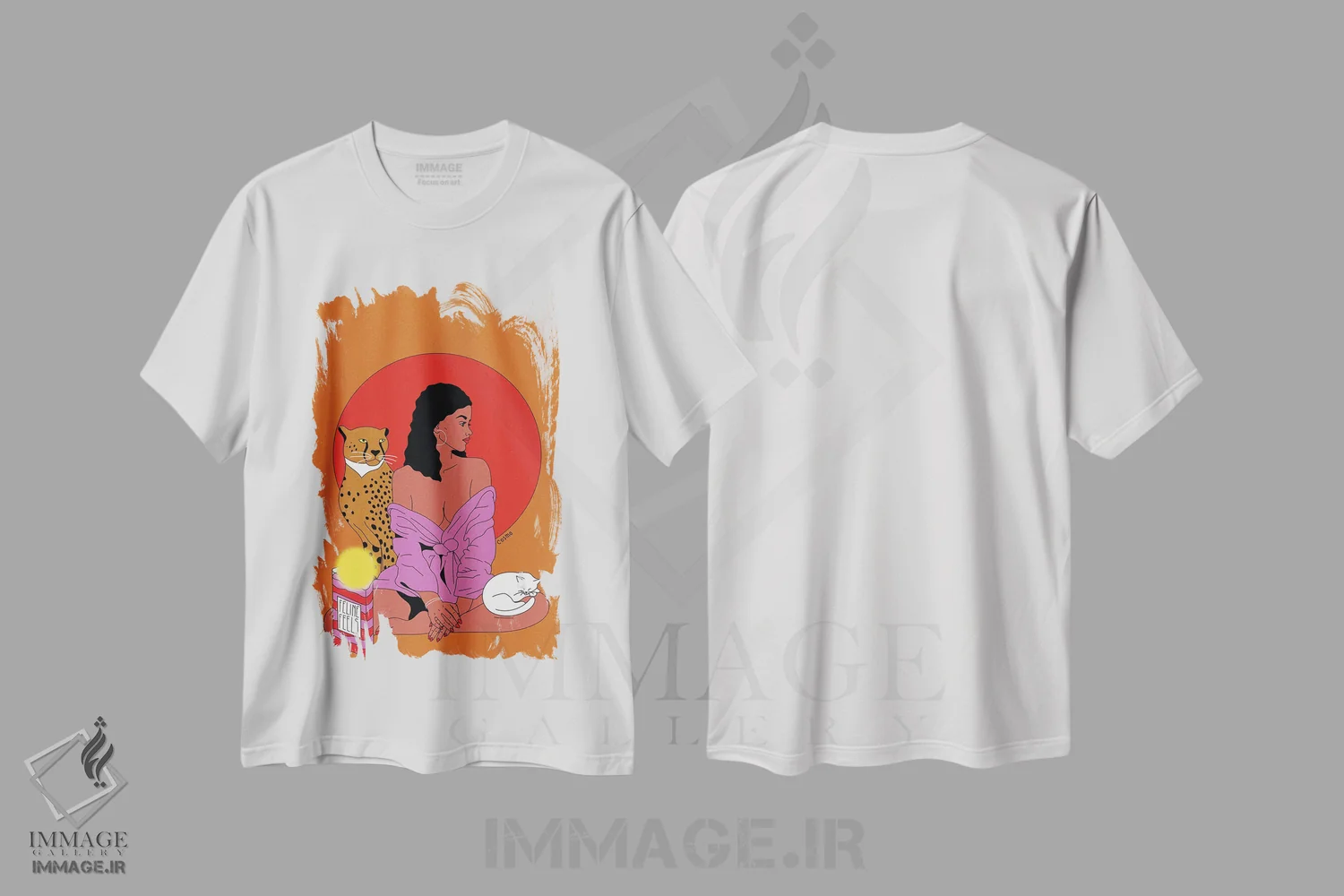 تیشرت سفید طرح دار احساسات گربه ای، هنر آمریکایی آفریقایی تبار اثر کازمو | فروشگاه ایماژ