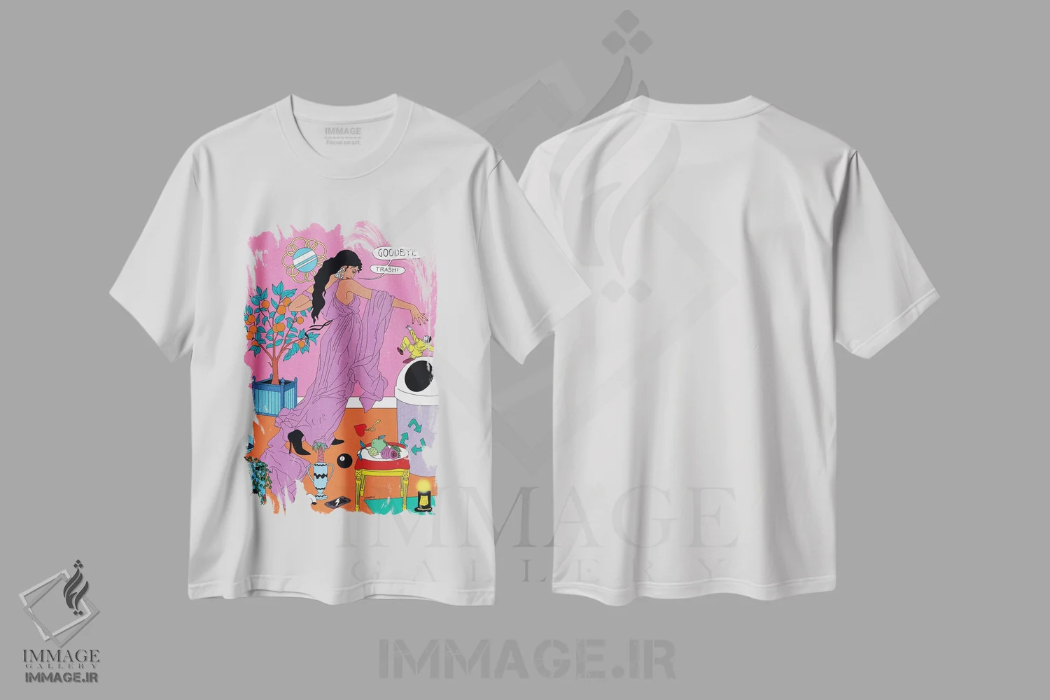 تیشرت سفید طرح دار خداحافظی با زباله، هنر دیجیتال اثر کازمو | فروشگاه ایماژ