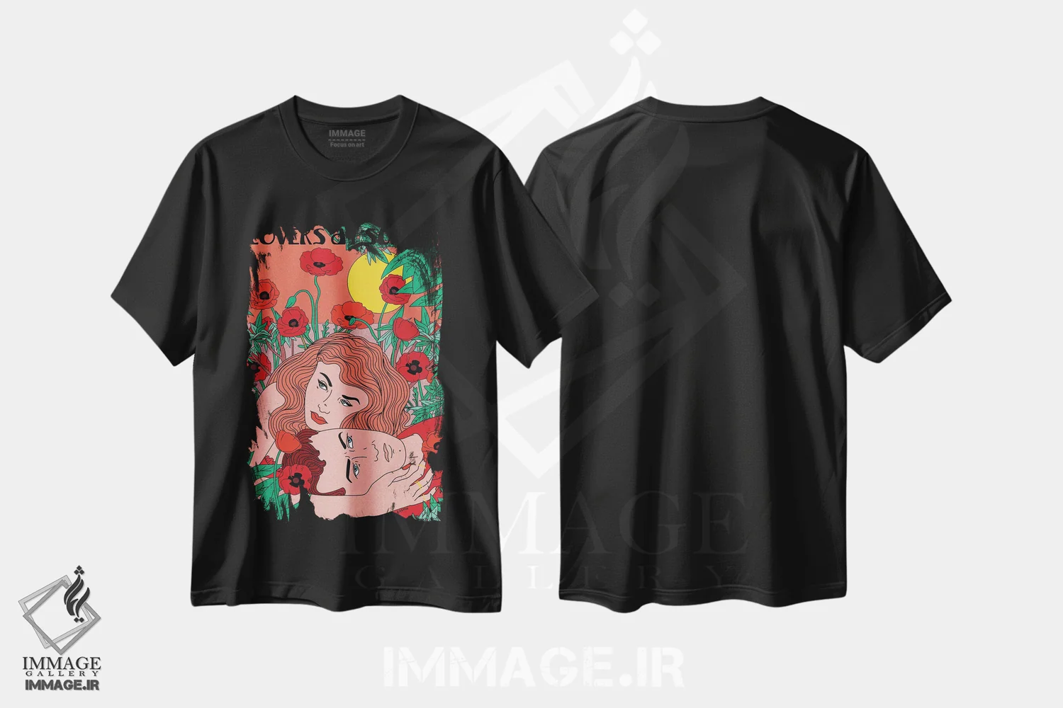 تیشرت مشکی طرح دار عاشقان هنگام غروب، هنر دیجیتال اثر کازمو | فروشگاه ایماژ