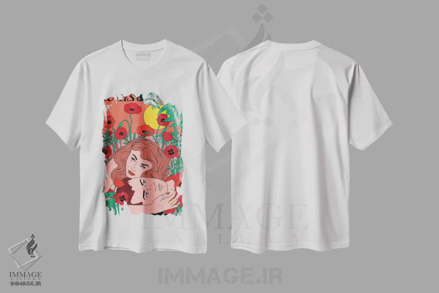 تیشرت سفید طرح دار عاشقان هنگام غروب، هنر دیجیتال اثر کازمو | immage.ir