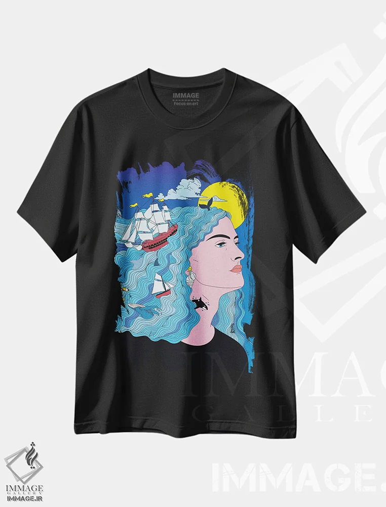 تیشرت مشکی طرح دار ذهنم در دریاست، هنر فاخر معاصر اثر کازمو | فروشگاه ایماژ
