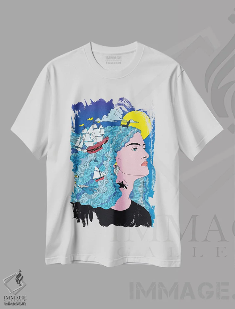 تیشرت سفید طرح دار ذهنم در دریاست، هنر فاخر معاصر اثر کازمو | immage.ir