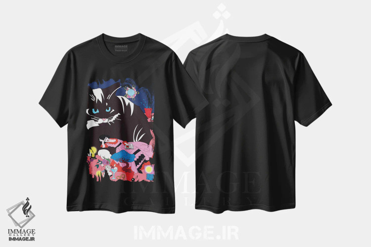 تیشرت مشکی طرح دار گربه ای که دراز کشیده، هنر دیجیتال اثر کازمو | فروشگاه ایماژ