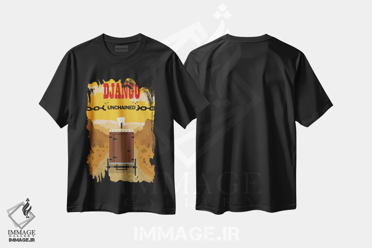 تیشرت مشکی طرح دار جنگو، پوستر مینیمال فیلم های اکشن و ماجراجویی اثر کریس ریچموند | فروشگاه ایماژ