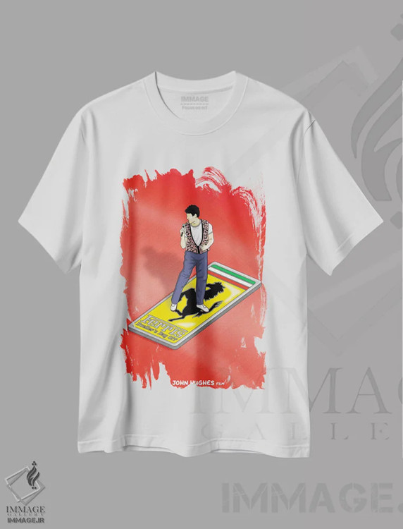 تیشرت سفید طرح دار فریس بولر، پوستر مینیمال فیلم های کمدی اثر کریس ریچموند | فروشگاه ایماژ