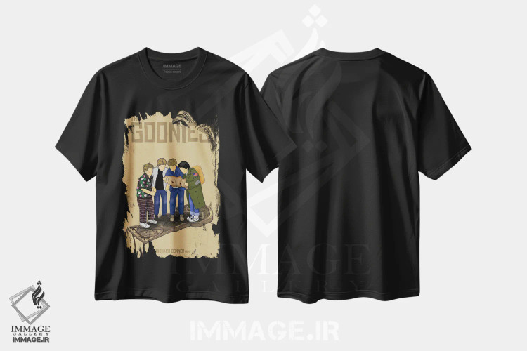 تیشرت مشکی طرح دار گونیز، پوستر مینیمال فیلم های اکشن و ماجراجویی اثر کریس ریچموند | فروشگاه ایماژ