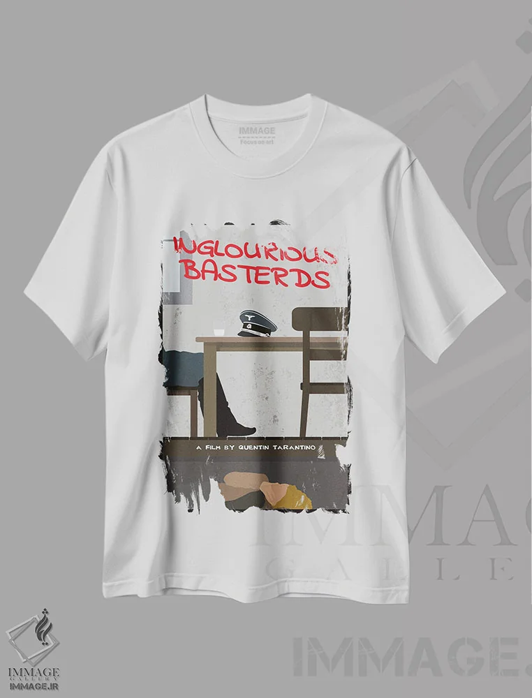 تیشرت سفید طرح دار حرامزاده های لعنتی، پوستر مینیمال فیلم های اکشن و ماجراجویی اثر کریس ریچموند | immage.ir