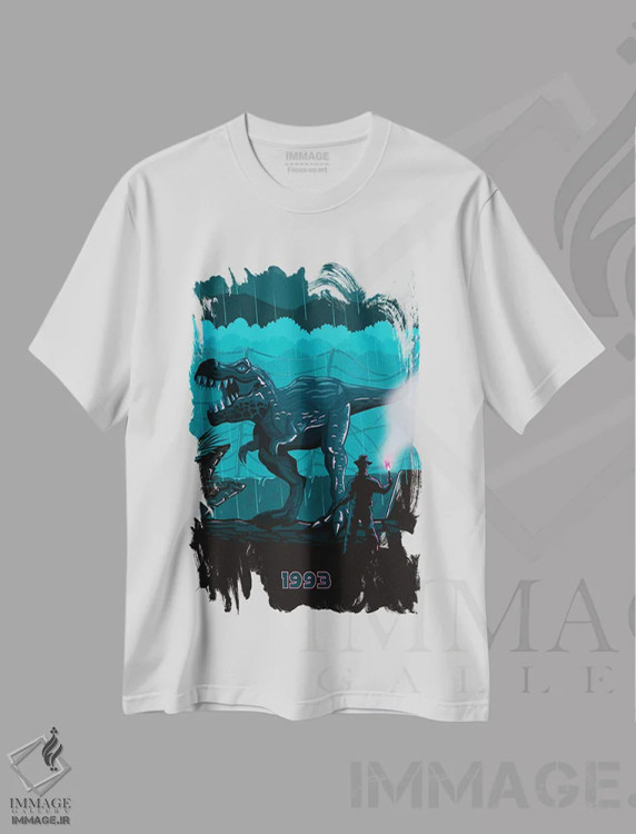 تیشرت سفید طرح دار پارک ژوراسیک، پوستر مینیمال فیلم های اکشن و ماجراجویی اثر کریس ریچموند | immage.ir