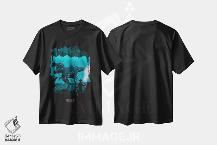 تیشرت مشکی طرح دار پارک ژوراسیک، پوستر مینیمال فیلم های اکشن و ماجراجویی اثر کریس ریچموند | فروشگاه ایماژ