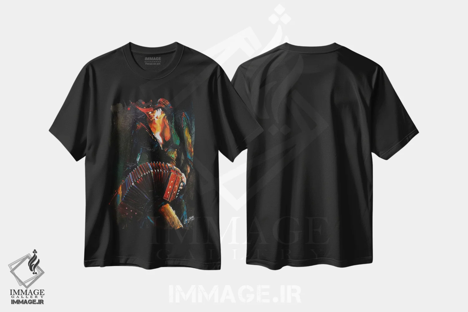 تیشرت مشکی طرح دار ملکهٔ باندونئون، هنر فاخر اثر کالین استیپلز | immage.ir
