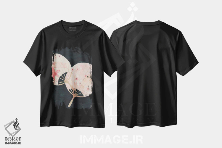 تیشرت مشکی طرح دار دو بادبزن کاغذی، دکور آسیایی اثر کریتینگ تارین | فروشگاه ایماژ