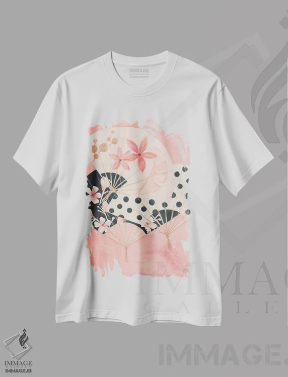 تیشرت سفید طرح دار سه بادبزن کاغذی، دکور آسیایی اثر کریتینگ تارین | فروشگاه ایماژ