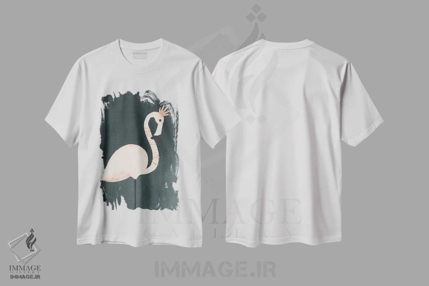 تیشرت سفید طرح دار فلامینگو و تاج، دکور بوهمی اثر کریتینگ تارین | فروشگاه ایماژ