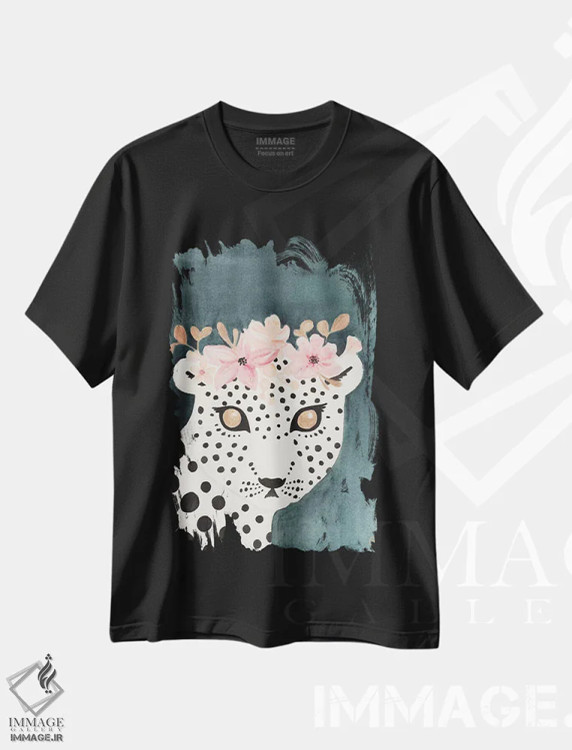 تیشرت مشکی طرح دار پلنگ با تاج گل، دکور بوهمی اثر کریتینگ تارین | فروشگاه ایماژ