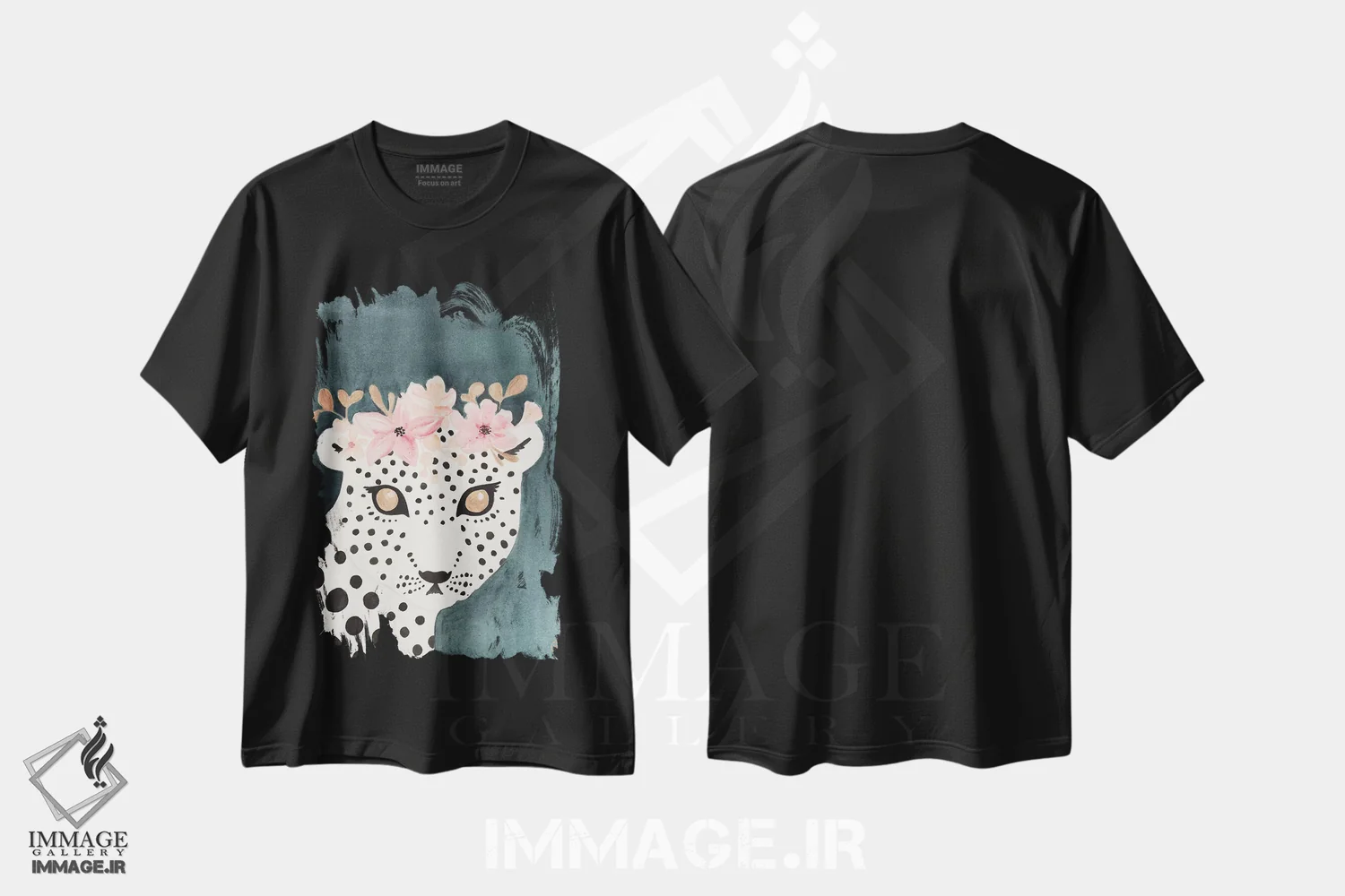 تیشرت مشکی طرح دار پلنگ با تاج گل، دکور بوهمی اثر کریتینگ تارین | فروشگاه ایماژ