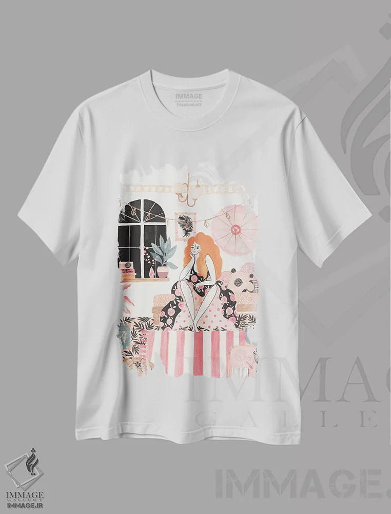 تیشرت سفید طرح دار دختر در اتاق خواب، دکور بوهمی اثر کریتینگ تارین | فروشگاه ایماژ