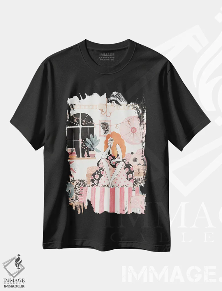 تیشرت مشکی طرح دار دختر در اتاق خواب، دکور بوهمی اثر کریتینگ تارین | immage.ir