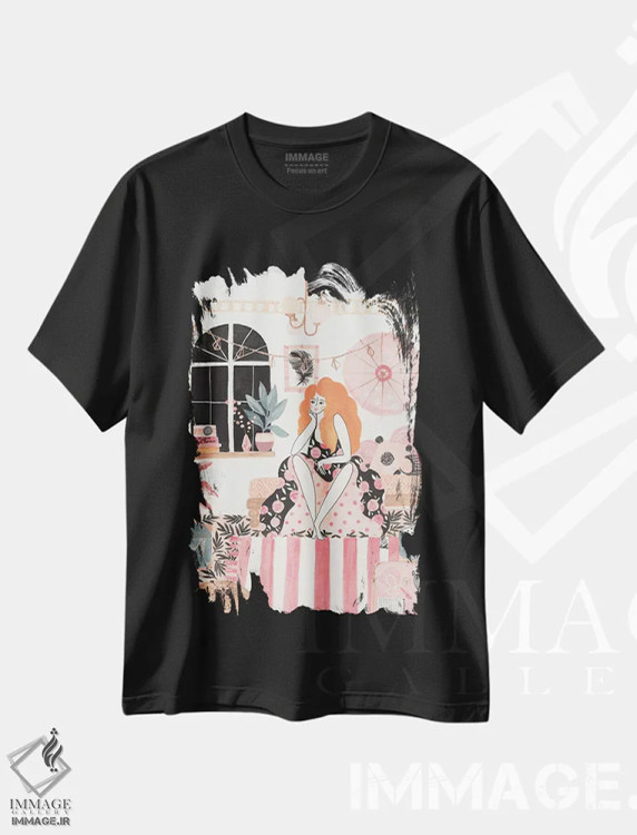 تیشرت مشکی طرح دار دختر در اتاق خواب، دکور بوهمی اثر کریتینگ تارین | immage.ir