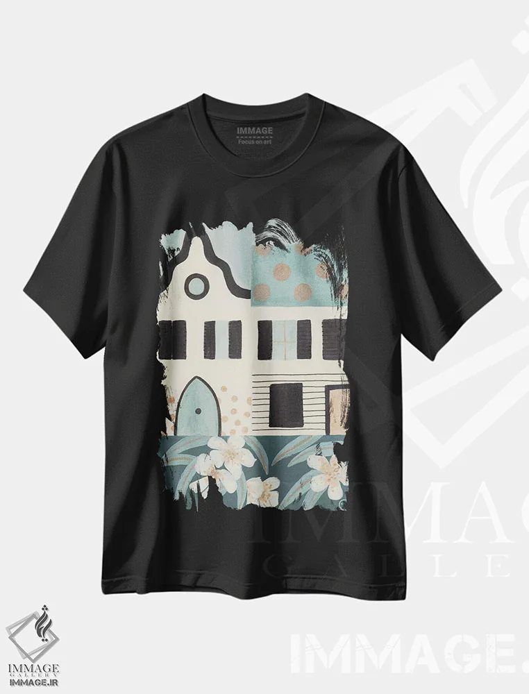 تیشرت مشکی طرح دار خانه های سبز، دکور بوهمی اثر کریتینگ تارین | immage.ir