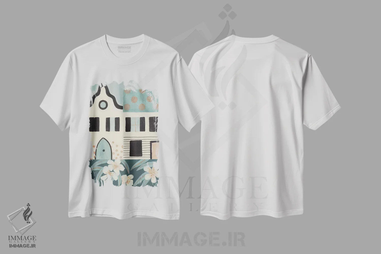 تیشرت سفید طرح دار خانه های سبز، دکور بوهمی اثر کریتینگ تارین | فروشگاه ایماژ