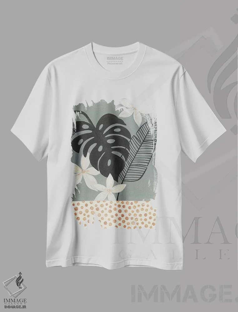 تیشرت سفید طرح دار مناطق گرمسیری خاکستری، دکور بوهمی اثر کریتینگ تارین | فروشگاه ایماژ