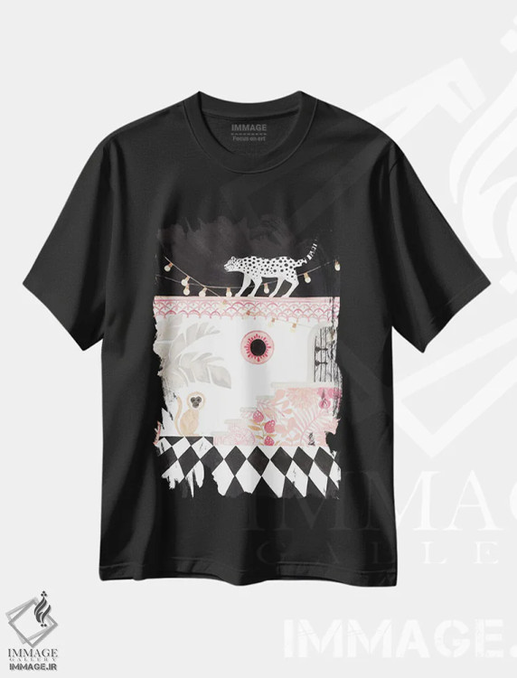 تیشرت مشکی طرح دار کاغذ پلنگ و میمون، دکور بوهمی اثر کریتینگ تارین | فروشگاه ایماژ