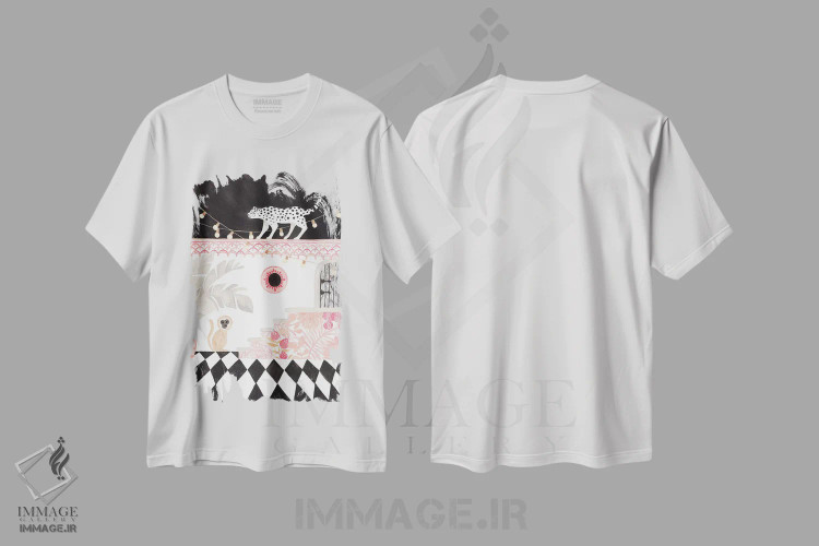 تیشرت سفید طرح دار کاغذ پلنگ و میمون، دکور بوهمی اثر کریتینگ تارین | immage.ir