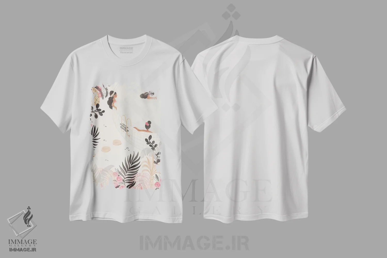 تیشرت سفید طرح دار استخر قدیمی، دکور بوهمی اثر کریتینگ تارین | فروشگاه ایماژ