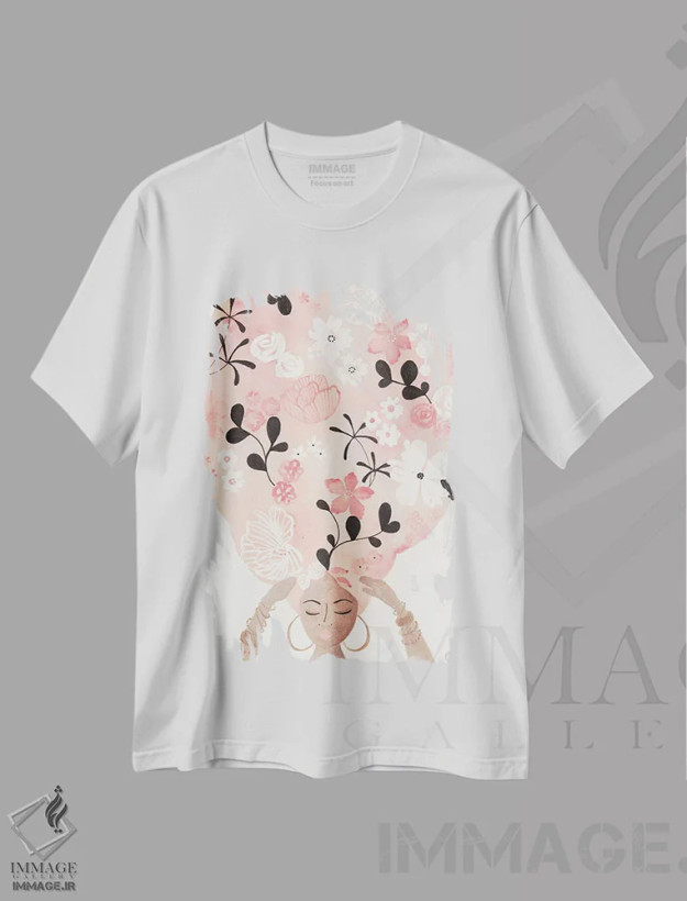 تیشرت سفید طرح دار موی گل صورتی، دکور بوهمی اثر کریتینگ تارین | فروشگاه ایماژ