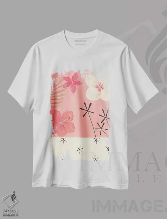 تیشرت سفید طرح دار مناطق استوایی صورتی، دکور بوهمی اثر کریتینگ تارین | immage.ir